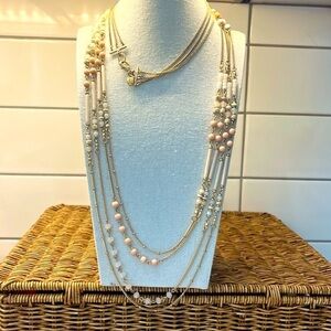 Talbots Vintage Cream and Tan Beaded Layered Gold Tone Necklace